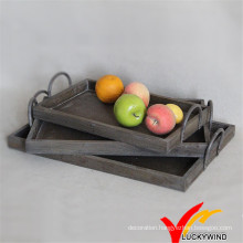 Set of 3 Shabby Brown Wooden Tray with Metal Handle